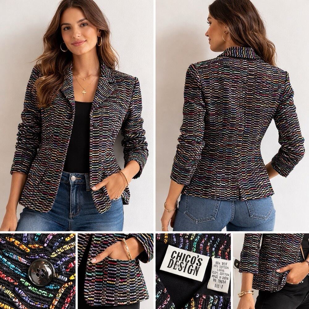 Chico’s Design Vintage Multicolor Textured Blazer Jacket Size 0 Silk Blend